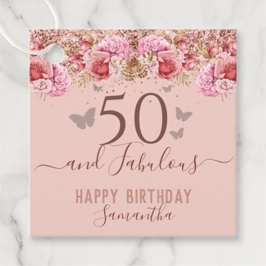 Floral Butterflies Pink Happy 50th Birthday Bedankjes Labels (Voorkant)