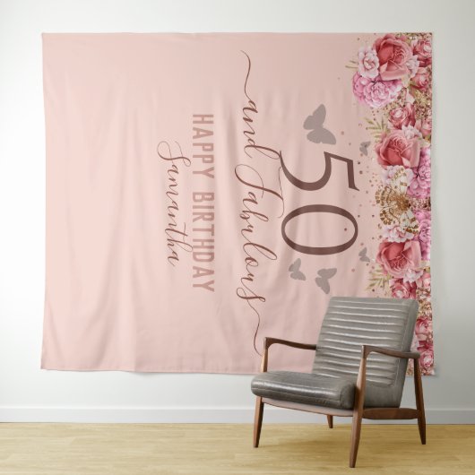 Floral Butterflies Pink Happy 50th Birthday Wandkleed (In Situ (horizontaal))