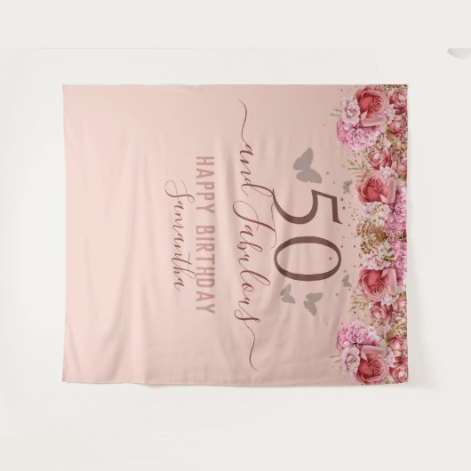 Floral Butterflies Pink Happy 50th Birthday Wandkleed (Voorkant (horizontaal))