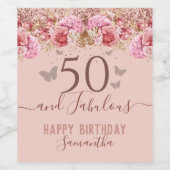 Floral Butterflies Pink Happy 50th Birthday Wijn Etiket (Enkel label)