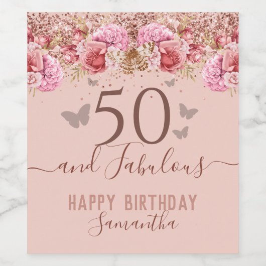 Floral Butterflies Pink Happy 50th Birthday Wijn Etiket (Enkel label)