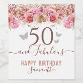 Floral Butterflies Pink Happy 50th Birthday Wijn Etiket (Enkel label)