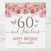 Floral Butterflies Pink Happy 60th Birthday Wijn Etiket (Enkel label)