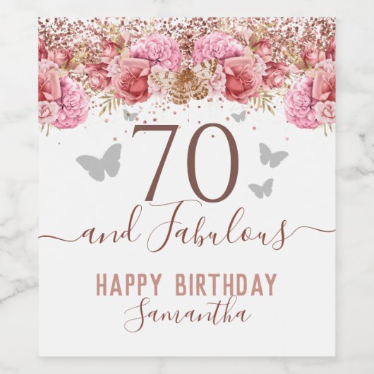 Floral Butterflies Pink Happy 70th Birthday Wijn Etiket (Enkel label)