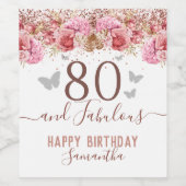 Floral Butterflies Pink Happy 80th Birthday Wijn Etiket (Enkel label)