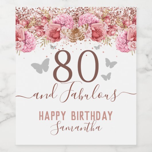 Floral Butterflies Pink Happy 80th Birthday Wijn Etiket (Enkel label)
