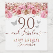 Floral Butterflies Pink Happy 90th Birthday Wijn Etiket (Enkel label)
