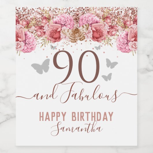 Floral Butterflies Pink Happy 90th Birthday Wijn Etiket (Enkel label)