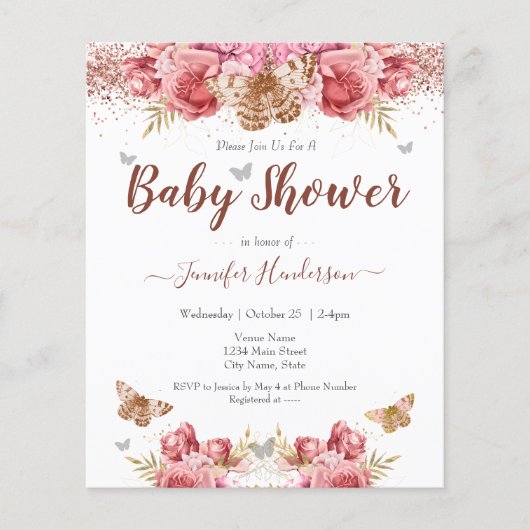 Floral Butterflies Roze Baby shower (Voorkant)
