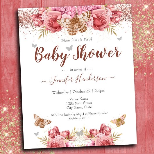 Floral Butterflies Roze Baby shower