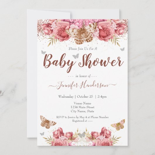 Floral Butterflies Roze Baby shower (Voorkant)