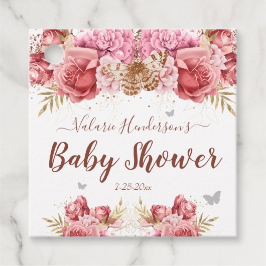 Floral Butterflies Roze Baby shower Bedankjes Labels (Voorkant)
