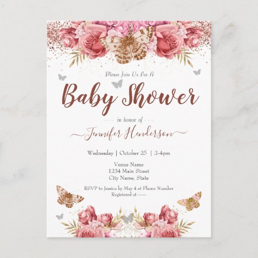 Floral Butterflies Roze Baby shower Briefkaart (Voorkant)