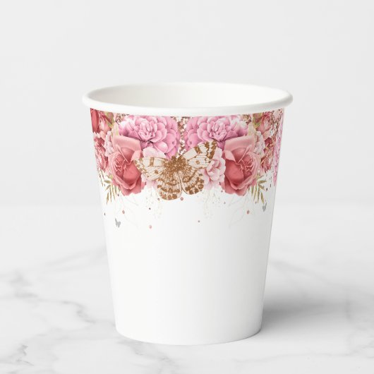 Floral Butterflies Roze Baby shower Papieren Bekers (Achterkant)