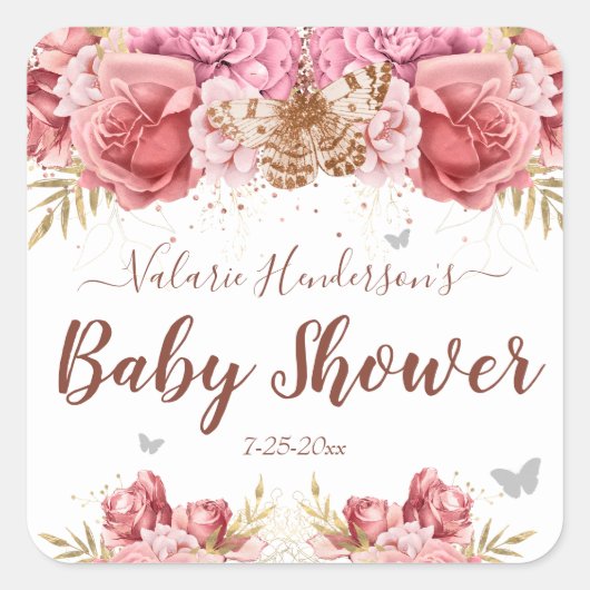 Floral Butterflies Roze Baby shower Vierkante Sticker (Voorkant)