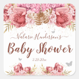 Floral Butterflies Roze Baby shower Vierkante Sticker