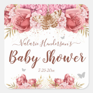 Floral Butterflies Roze Baby shower Vierkante Sticker