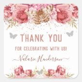 Floral Butterflies Roze Dank u Baby shower Vierkante Sticker (Voorkant)
