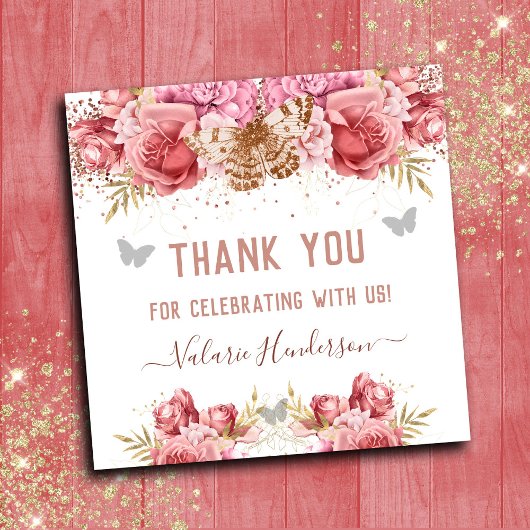 Floral Butterflies Roze Dank u Baby shower Vierkante Sticker
