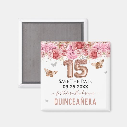 Floral Butterflies Roze Quinceañera sparen de Datu Magneet (Voorkant / Achterkant)