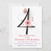 Floral Butterfly 4th Birthday Invitations (Voorkant)