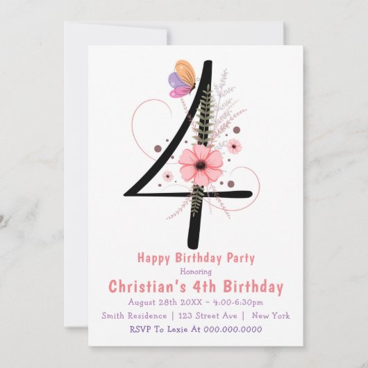 Floral Butterfly 4th Birthday Invitations (Voorkant)