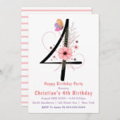 Floral Butterfly 4th Birthday Invitations (Voorkant / Achterkant)