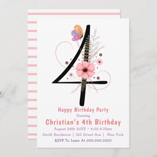 Floral Butterfly 4th Birthday Invitations (Voorkant / Achterkant)