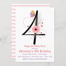 Floral Butterfly 4th Birthday Invitations