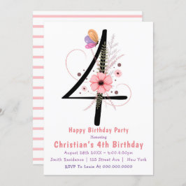 Floral Butterfly 4th Birthday Invitations