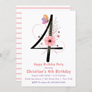 Floral Butterfly 4th Birthday Invitations