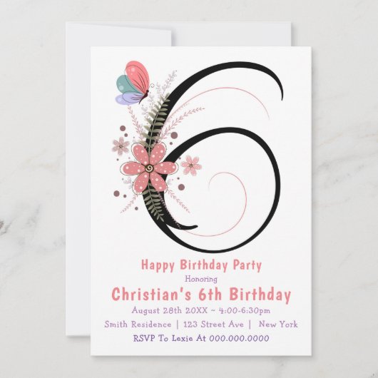 Floral Butterfly 6th Birthday Invitations (Voorkant)