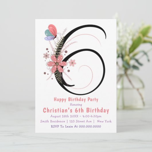 Floral Butterfly 6th Birthday Invitations (Staand voorkant)