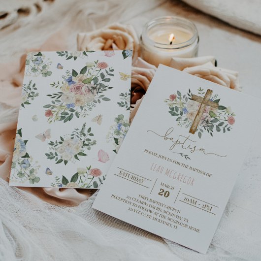 Floral Butterfly Baptism Invitation Kaart