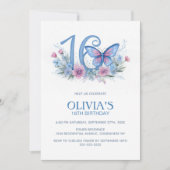 Floral Butterfly Blue 16th Birthday Party Kaart (Voorkant)