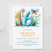 Floral Butterfly Blue Orange 16th Birthday Party Kaart (Voorkant)