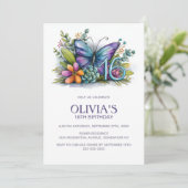 Floral Butterfly Blue Purple 16th Birthday Party Kaart (Staand voorkant)