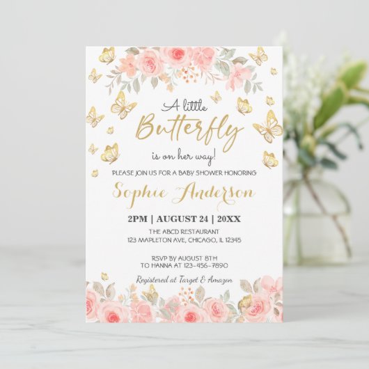 Floral Butterfly Blush roze Baby shower Gold Kaart (Staand voorkant)