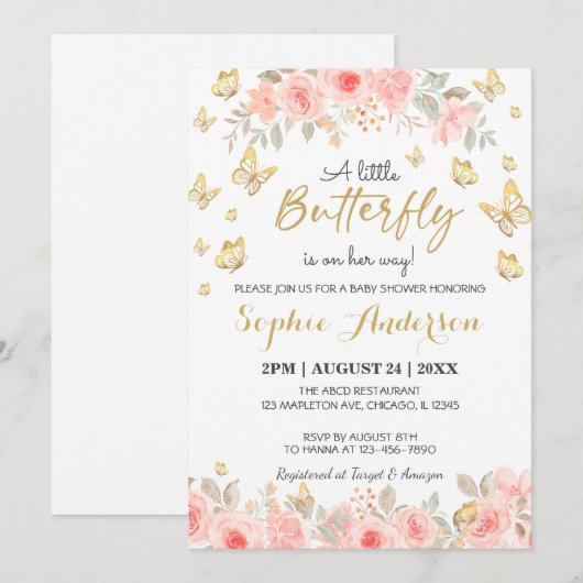 Floral Butterfly Blush roze Baby shower Gold Kaart (Voorkant / Achterkant)