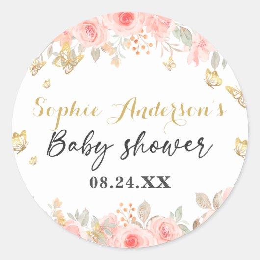 Floral Butterfly Blush roze Baby shower Gold Ronde Sticker (Voorkant)
