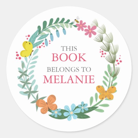 Floral Butterfly Colorful Wreatplate Bookplate Sti Ronde Sticker (Voorkant)