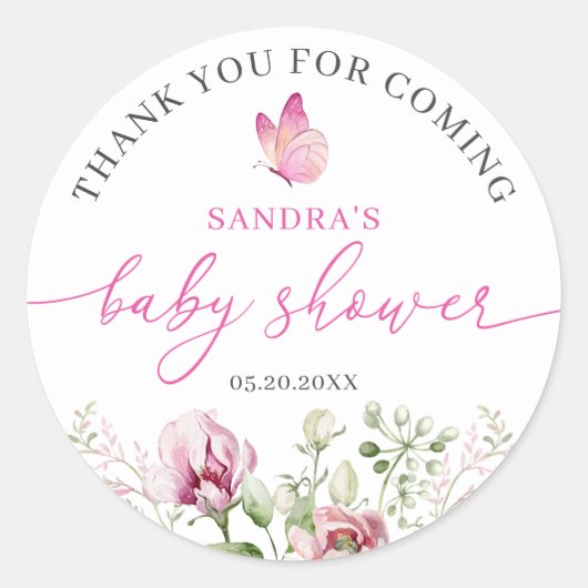 Floral Butterfly Dank u Baby shower Ronde Sticker (Voorkant)