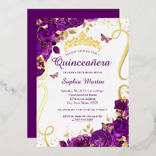 Floral Butterfly Elegant Paarse Quinceanera Folie Uitnodiging