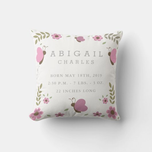 Floral Butterfly Garden Baby Stats Nursery Pillow Kussen (Voorkant)