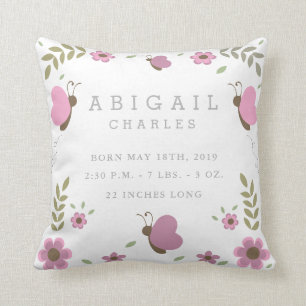 Floral Butterfly Garden Baby Stats Nursery Pillow Kussen