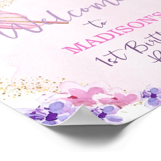 Floral Butterfly Garden Pink Girl Birthday Welkom Poster (Hoek)
