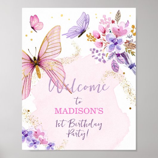 Floral Butterfly Garden Pink Girl Birthday Welkom Poster (Voorkant)