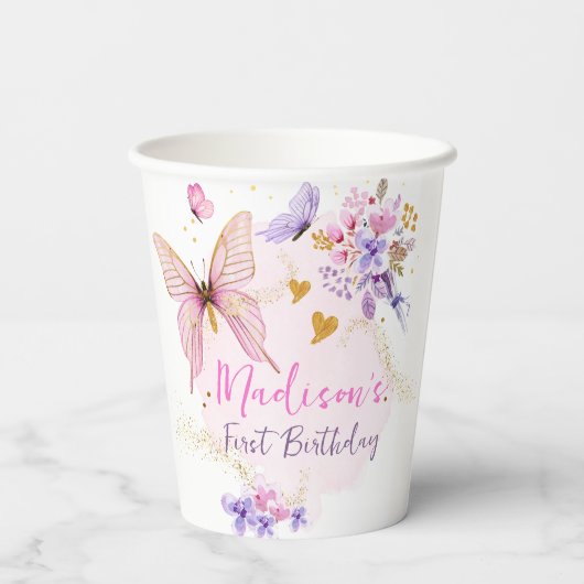 Floral Butterfly Garden Pink Paars Girl Birthday Papieren Bekers (Achterkant)