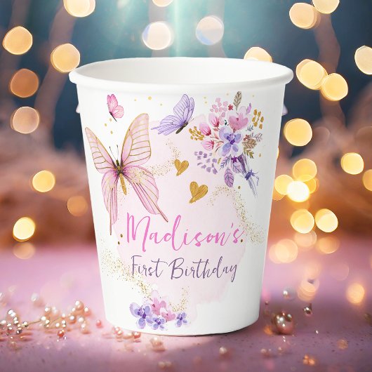 Floral Butterfly Garden Pink Paars Girl Birthday Papieren Bekers