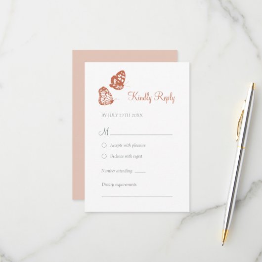 Floral Butterfly Garden Terracotta Boho Wedding RSVP Kaartje (Voorkant / Achterkant in situ)